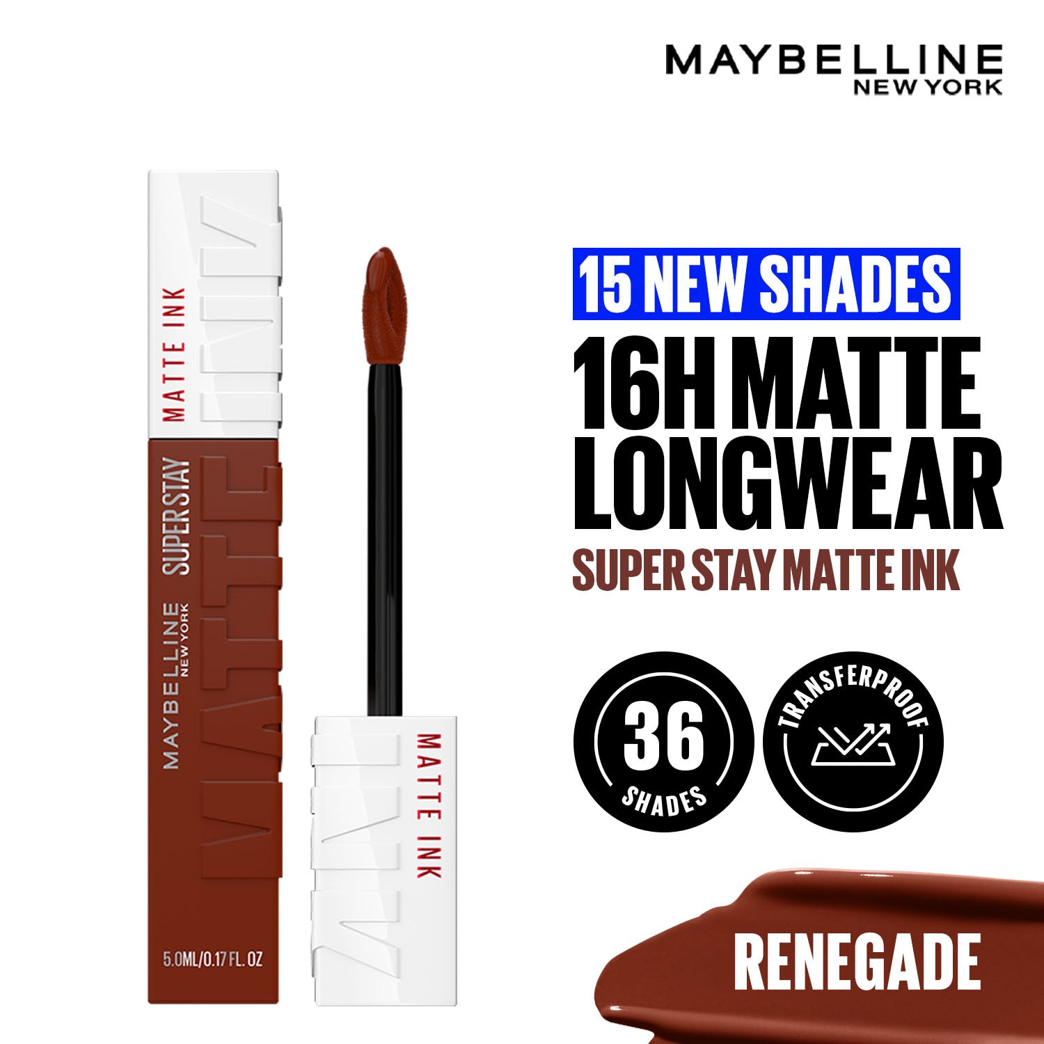 Super Stay Matte Ink Liquid Lipstick, Lasts Up to 16 Hours - 15 Lover - Renegade