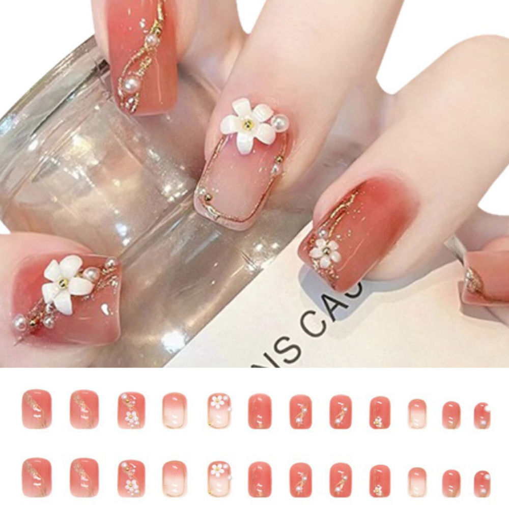 Glossy Redish Peach Color 3D White Flower With White Golden Pearl & Golden Glitter