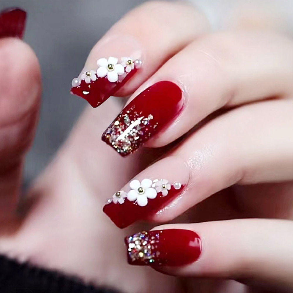 Wine Red Color With White 3D Flower & Golden Pearls