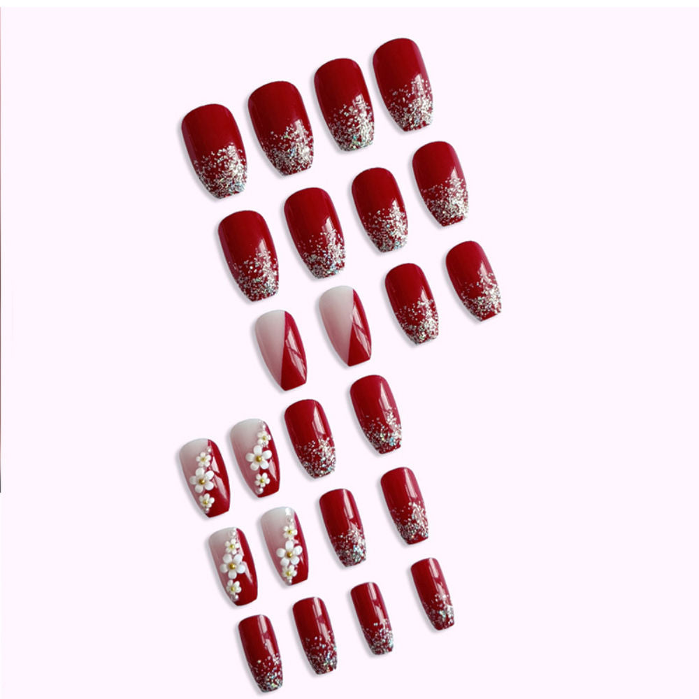 Wine Red Color With White 3D Flower & Golden Pearls