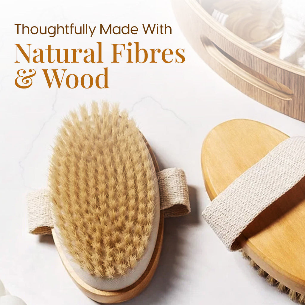 Exfoliating Oval Dry Bath Brush Natural Wooden Body Scrubber for Lymphatic Drainage, Cellulite