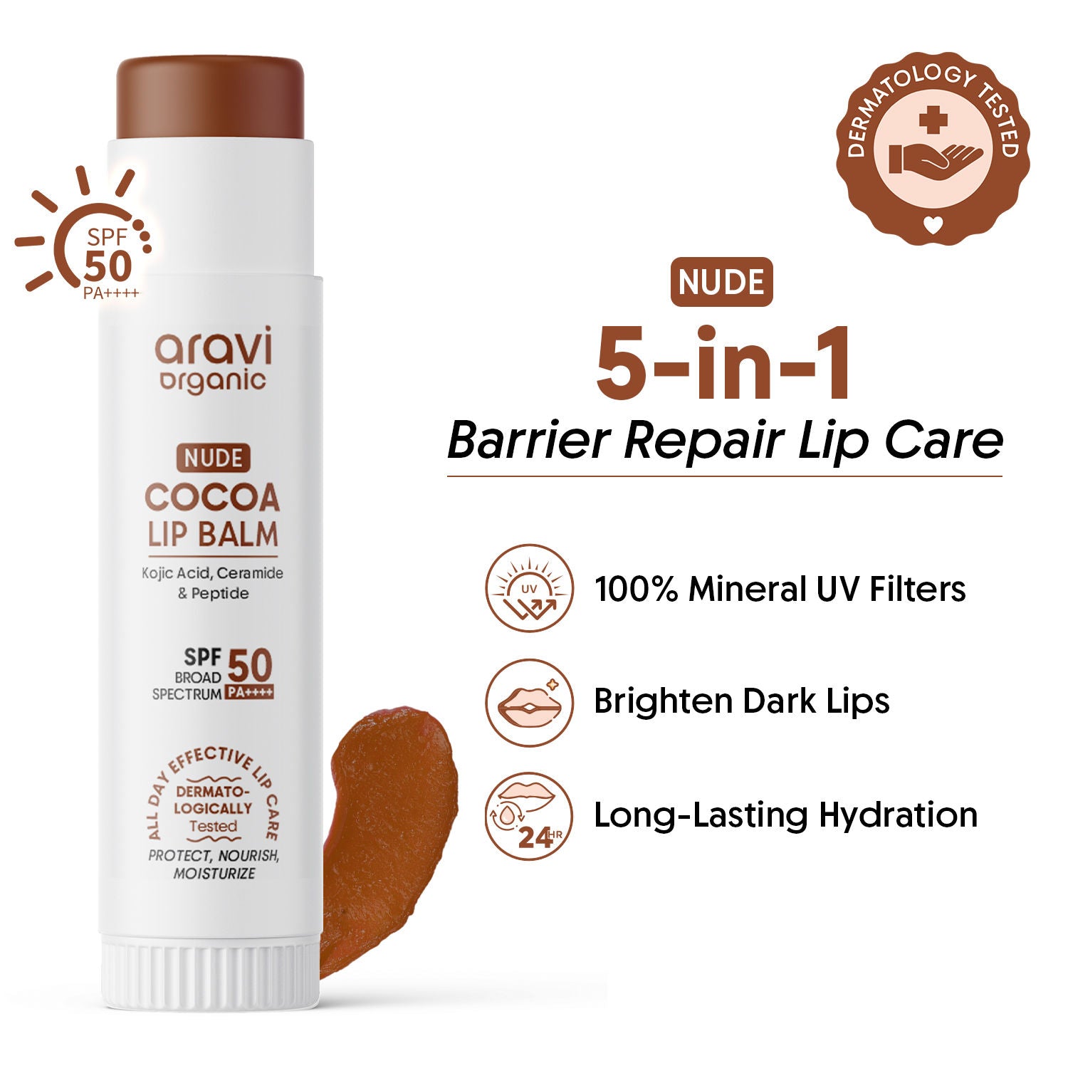 Nude Cocoa Lip Balm SPF 50 PA++++, Dark & Pigmented Lips, Kojic Acid & Ceramide