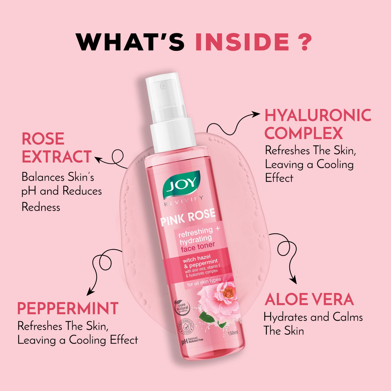 Pink Rose refreshing Hydrating Face Toner With Hazel & PepperMint For Hydrating Skin pH Balanced, Alcohol Free & For All Skin Types