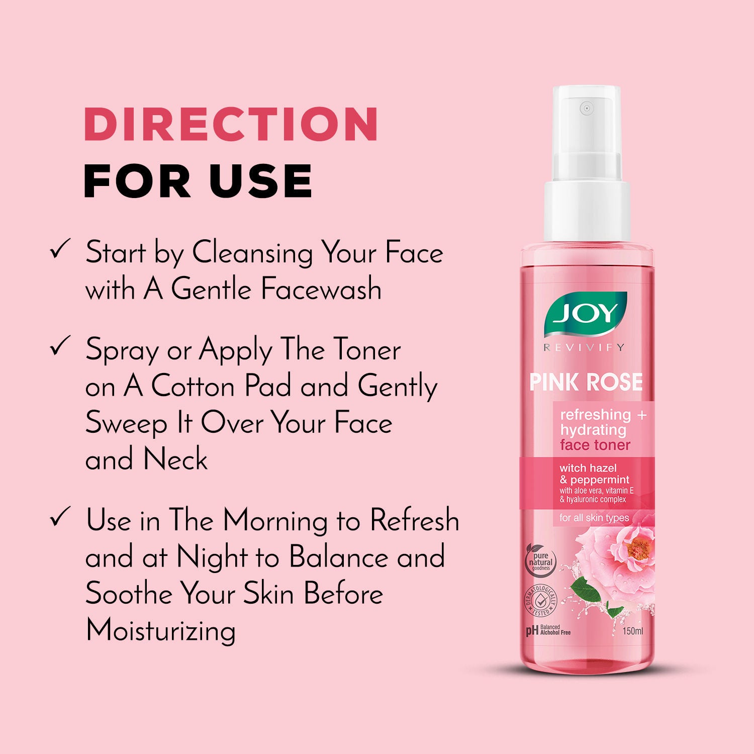 Pink Rose refreshing Hydrating Face Toner With Hazel & PepperMint For Hydrating Skin pH Balanced, Alcohol Free & For All Skin Types