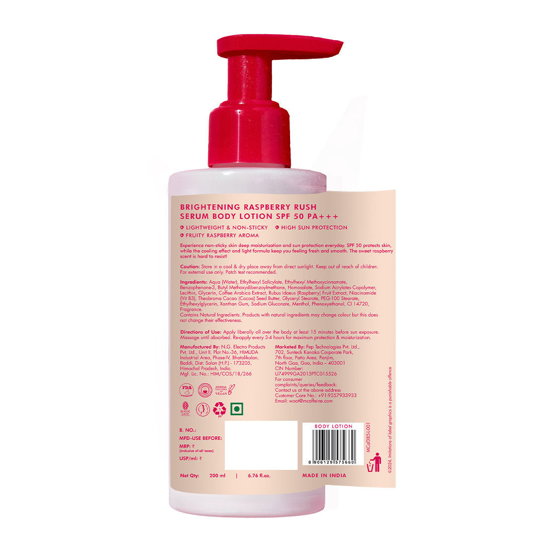 Brightening Raspberry Rush Serum Body Lotion SPF 50 PA+++ With Niacinamide Non-Sticky