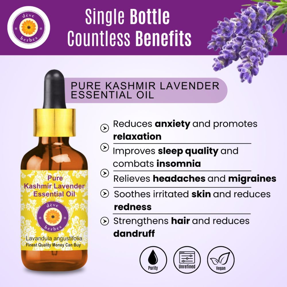 Pure Kashmir Lavender Essential Oil - Lavandula Angustifolia Steam Distilled