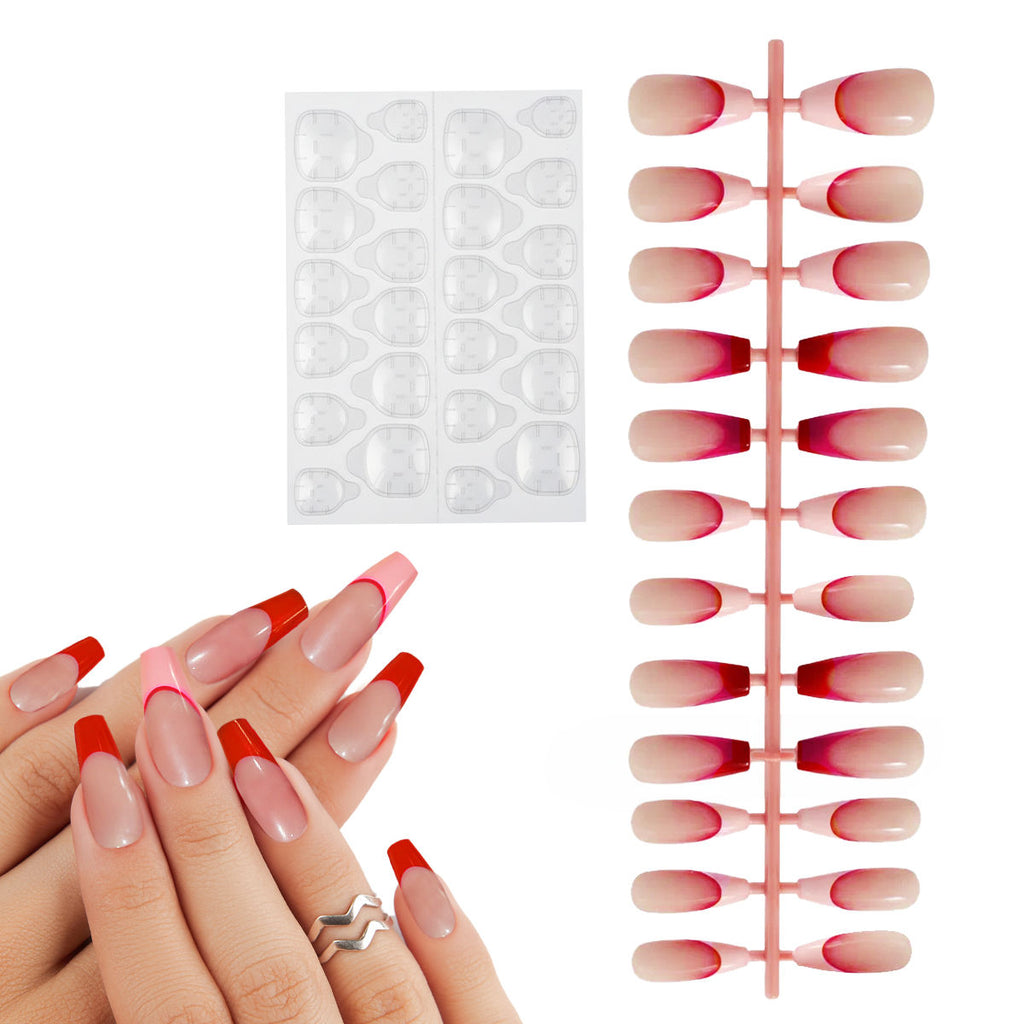 Press On Nails French Tip Reusable Artificial Stick On Fake Extensions & Glue Tabs Red Pink