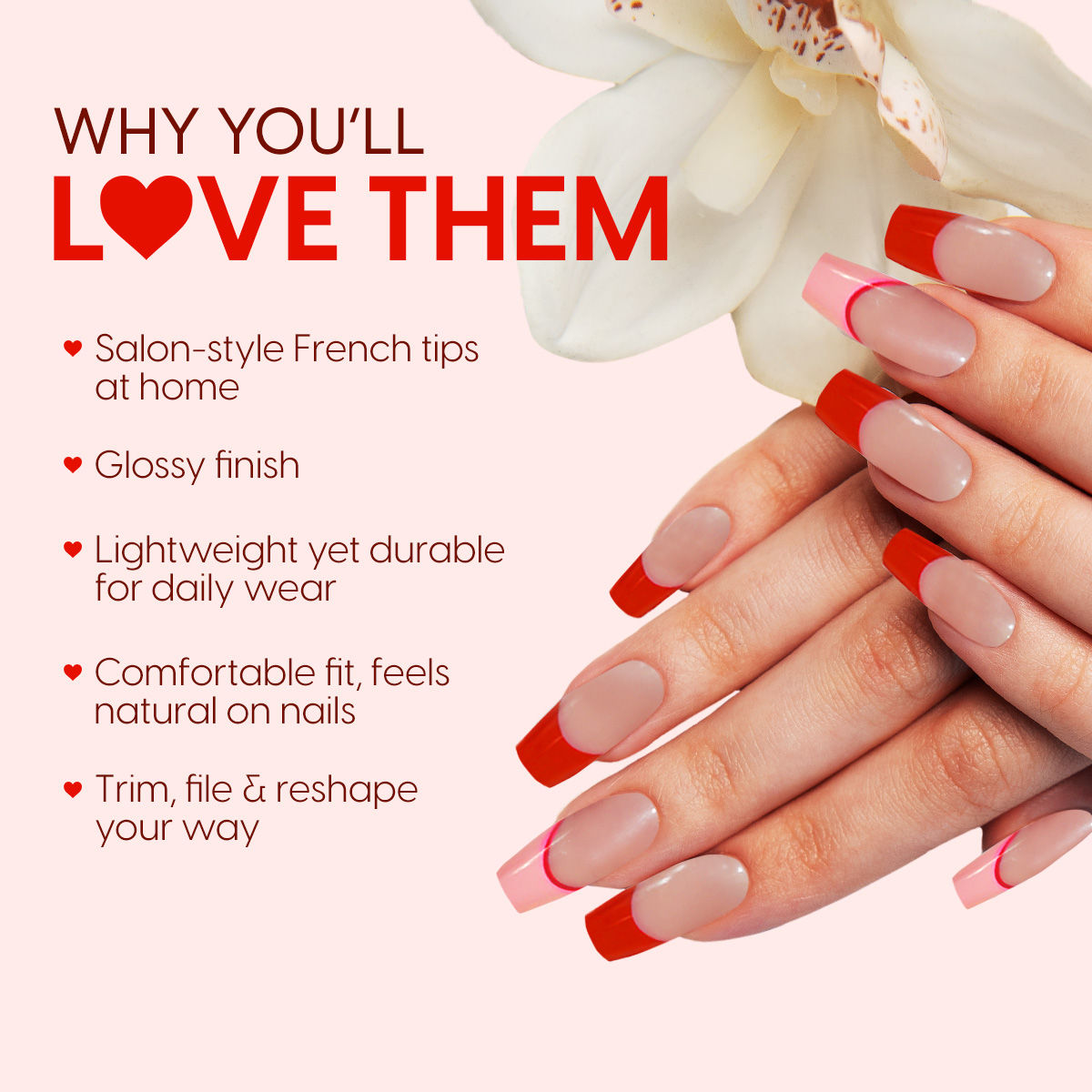 Press On Nails French Tip Reusable Artificial Stick On Fake Extensions & Glue Tabs Red Pink