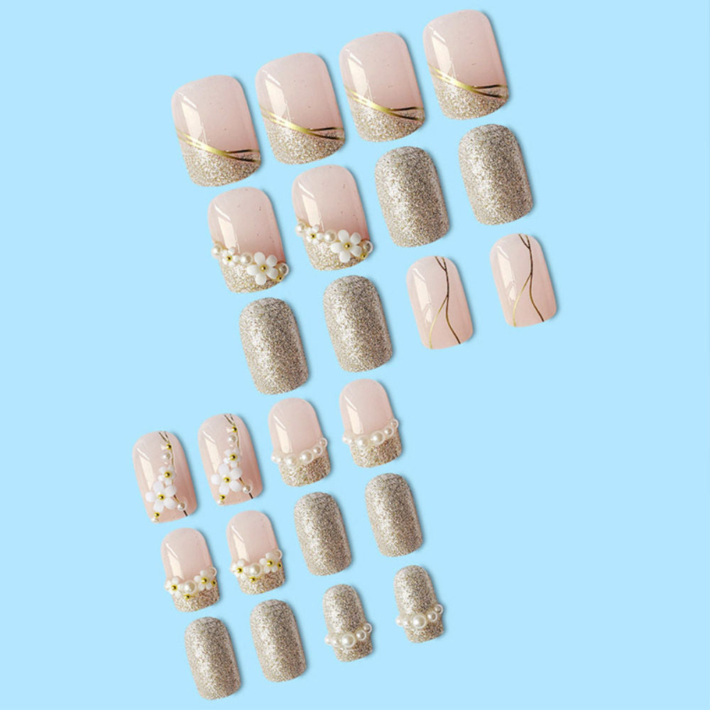 Translucent Pink Color With Silverish Golden Glitter 3D Flowers & Pearl Design