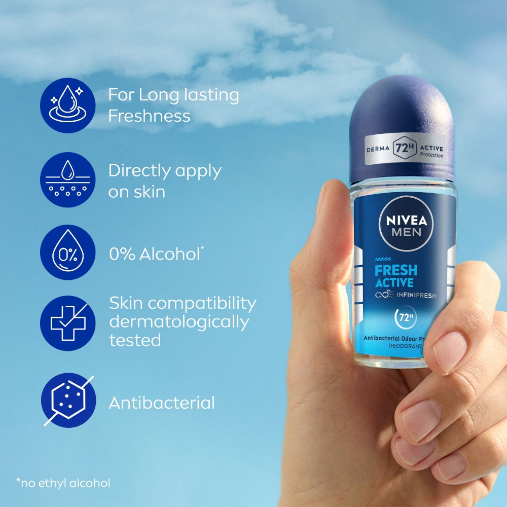 MEN Deodorant Roll On, Fresh Active, 48h Long lasting Freshness
