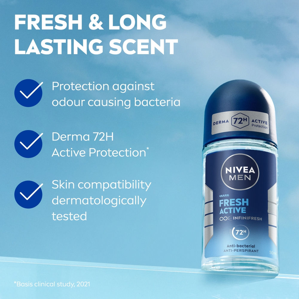 MEN Deodorant Roll On, Fresh Active, 48h Long lasting Freshness