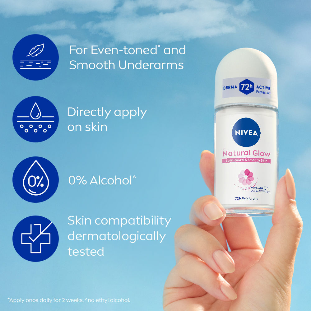 Natural Glow Even Toned Vit C & 0% Alcohol Deo Underarm Roll On 72Hr Active Protection
