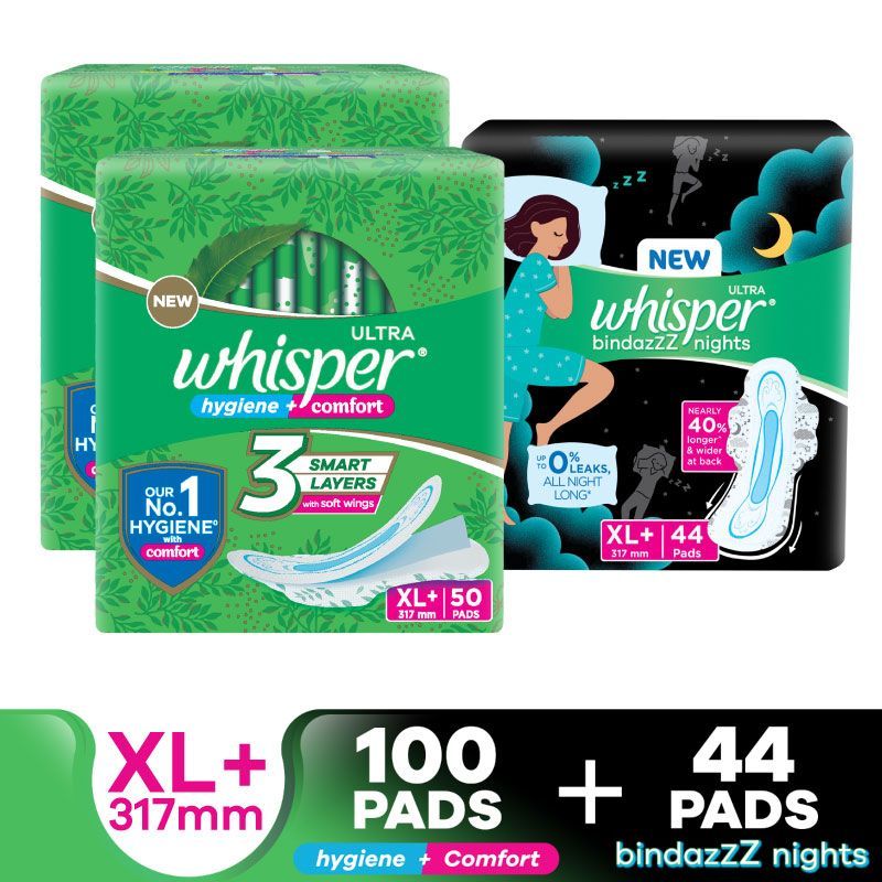 Day & Night Sanitary Pads with dry topsheet - 100 Ultra Clean XL+ 44 Bindazzz Night XL+ Pads