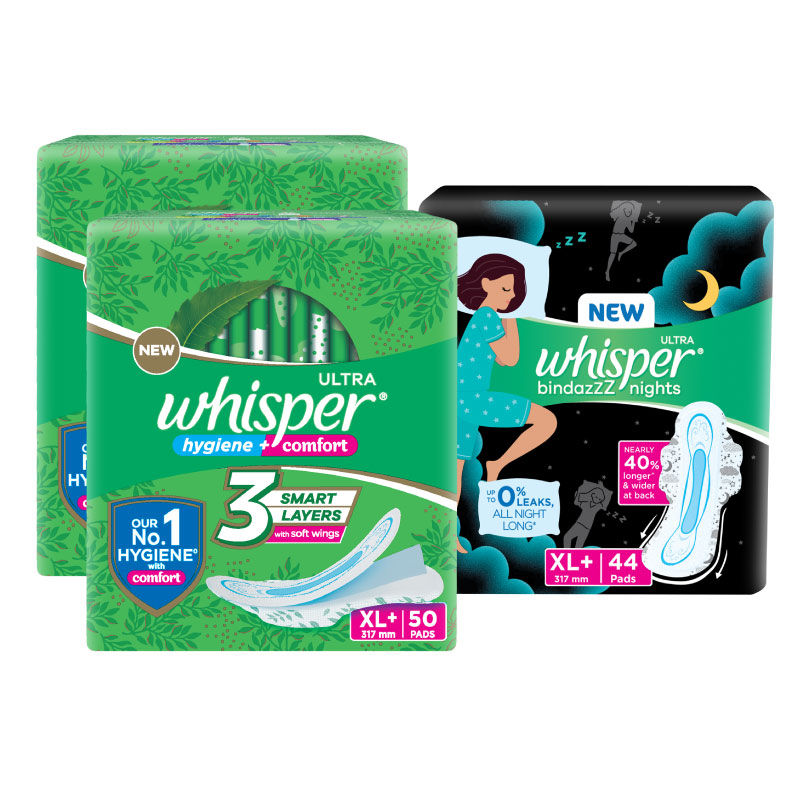 Day & Night Sanitary Pads with dry topsheet - 100 Ultra Clean XL+ 44 Bindazzz Night XL+ Pads