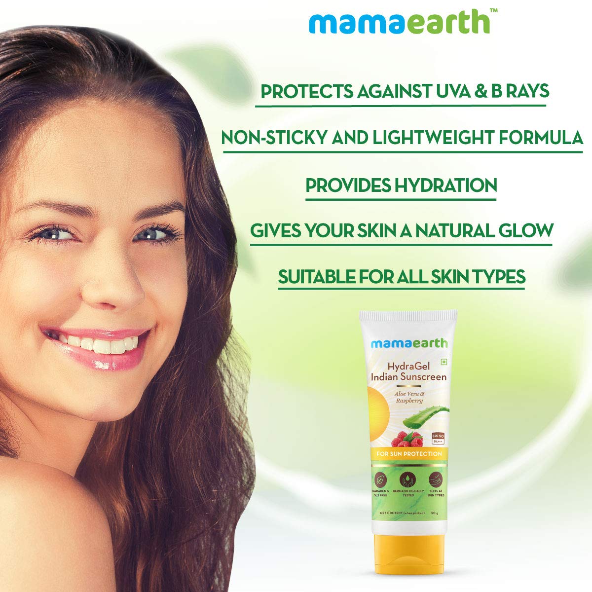 HydraGel Indian Sunscreen SPF 50, with Aloe Vera & Raspberry for Tan Protection