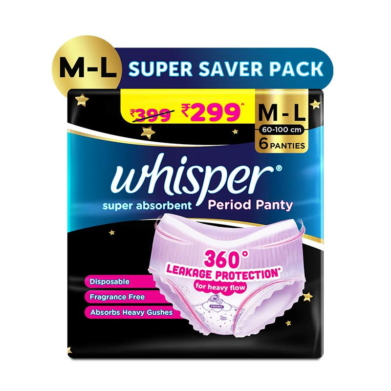 Super Absorbent Period Panty, 6 M-L Pants, 360 Degree Leakage Protection for Heavy Flow