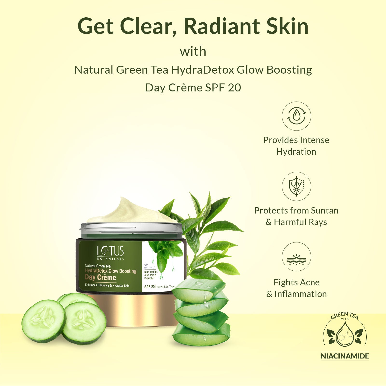 Natural Green Tea HydraDetox Glow Boosting Day Face Cream SPF 20 With Niacinamide