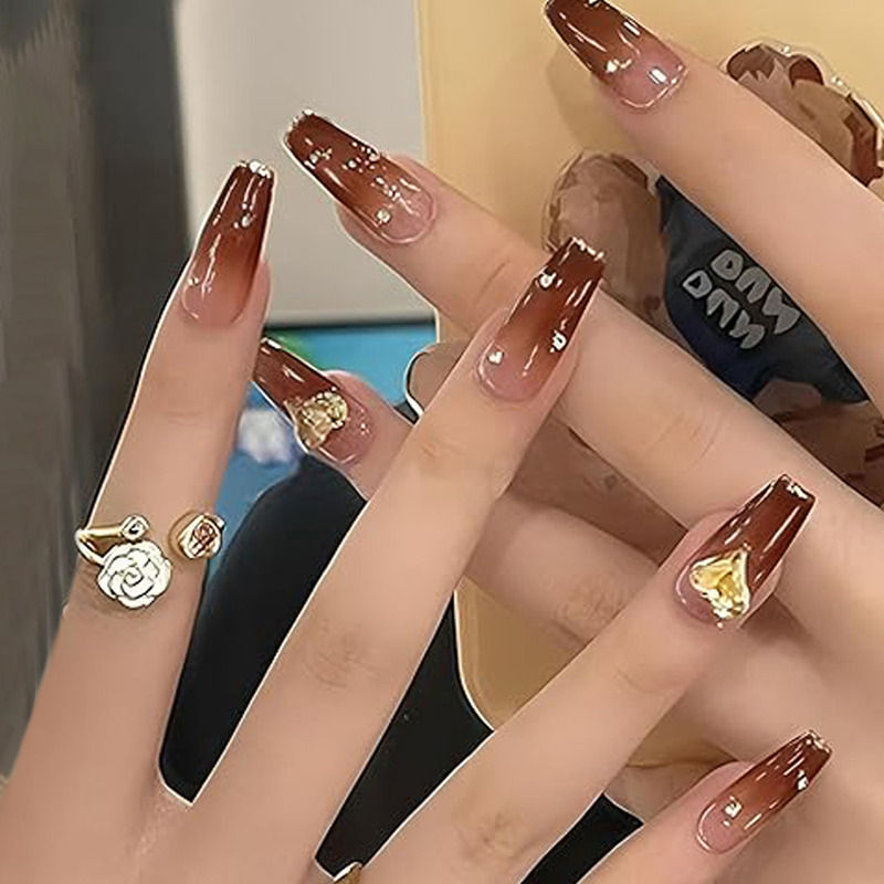 Translucent Brown Color with 3D Studs & Golden Glitters Press On Nails