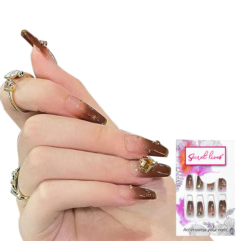 Translucent Brown Color with 3D Studs & Golden Glitters Press On Nails