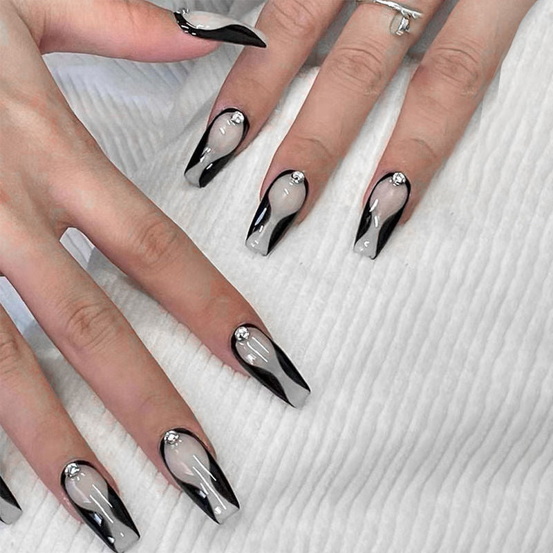 Black Color Curve Design with 3D Studs Press On Nails