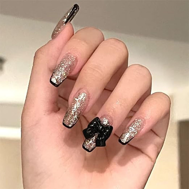 Pink Color with Golden Glitter & 3D Black ButterFly Press On Nails