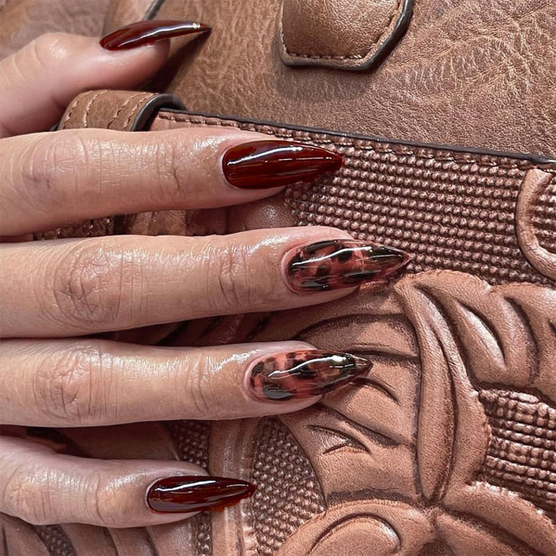 Dark Brown Color with Translucent Leopard Print Press On Nails