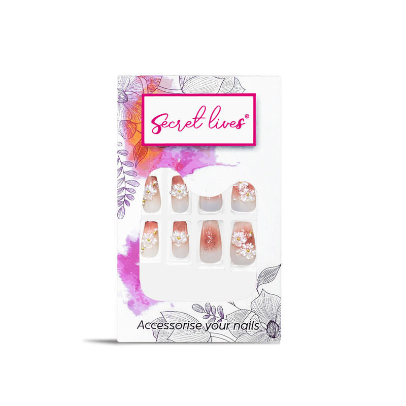 Pinkish Wine Color with 3D Flowers Pearl & Glitter Press On Nails