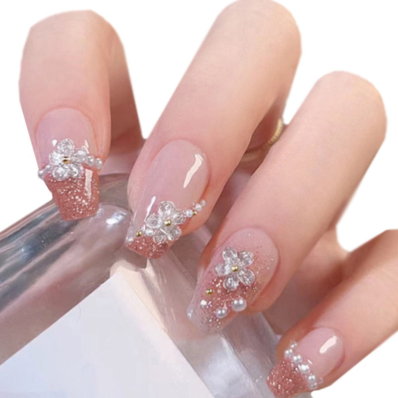 Pinkish Wine Color with 3D Flowers Pearl & Glitter Press On Nails