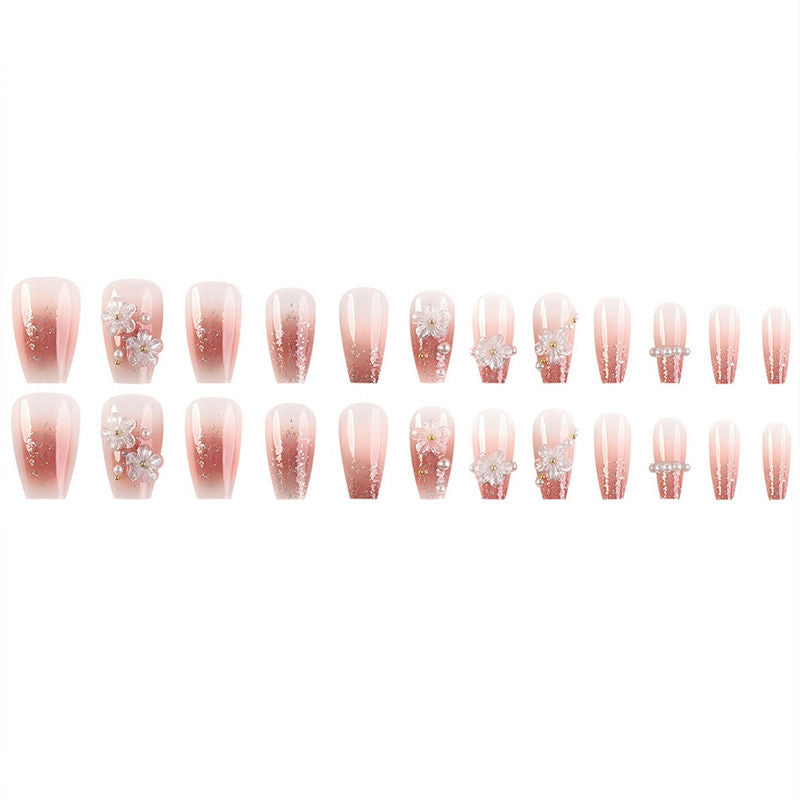 Pinkish Wine Color with 3D Flowers Pearl & Glitter Press On Nails