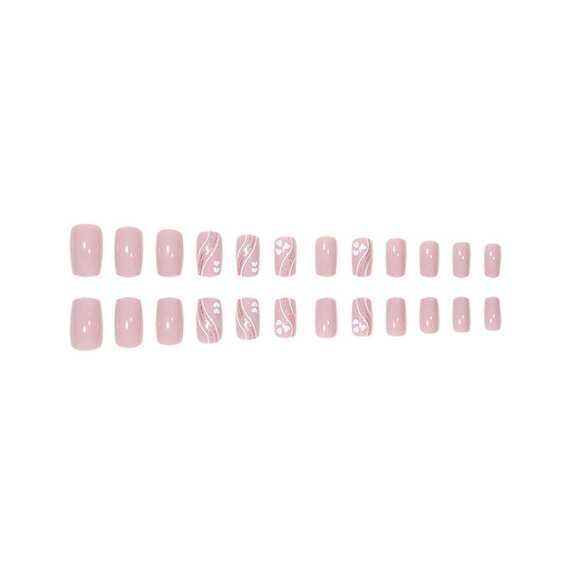 Square Shape Lavendar Pink Color with White Heart Pink Glitter Press On Nails