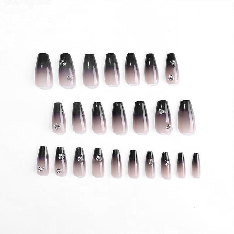 Glossy Black Color with 3D White Stones Press On Nails