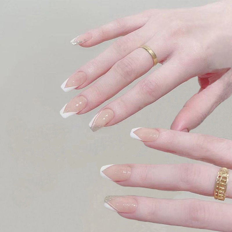 Translucent French Nails with Silver Glitters Press On Nails