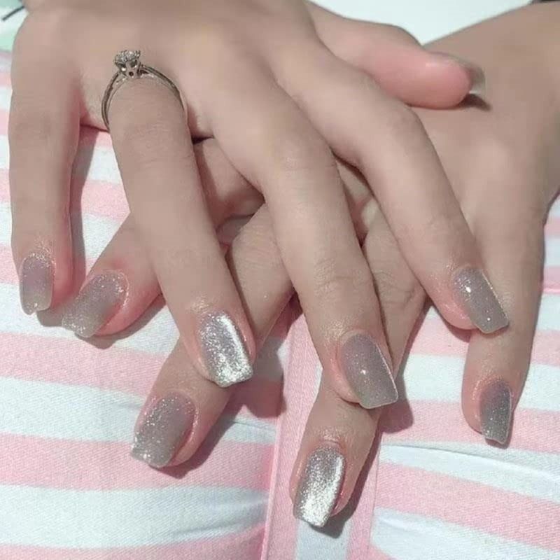 Cats Eye Grey Brown Color with 3D Butterfly Design Press On Nails
