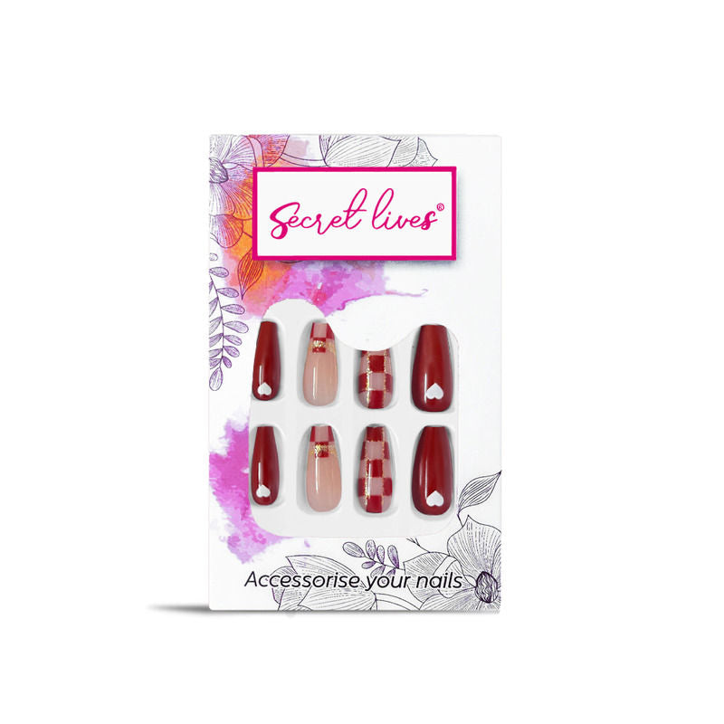 Glossy Translucent Red Color Heart & Check Design with 3D Cream Press On Nails