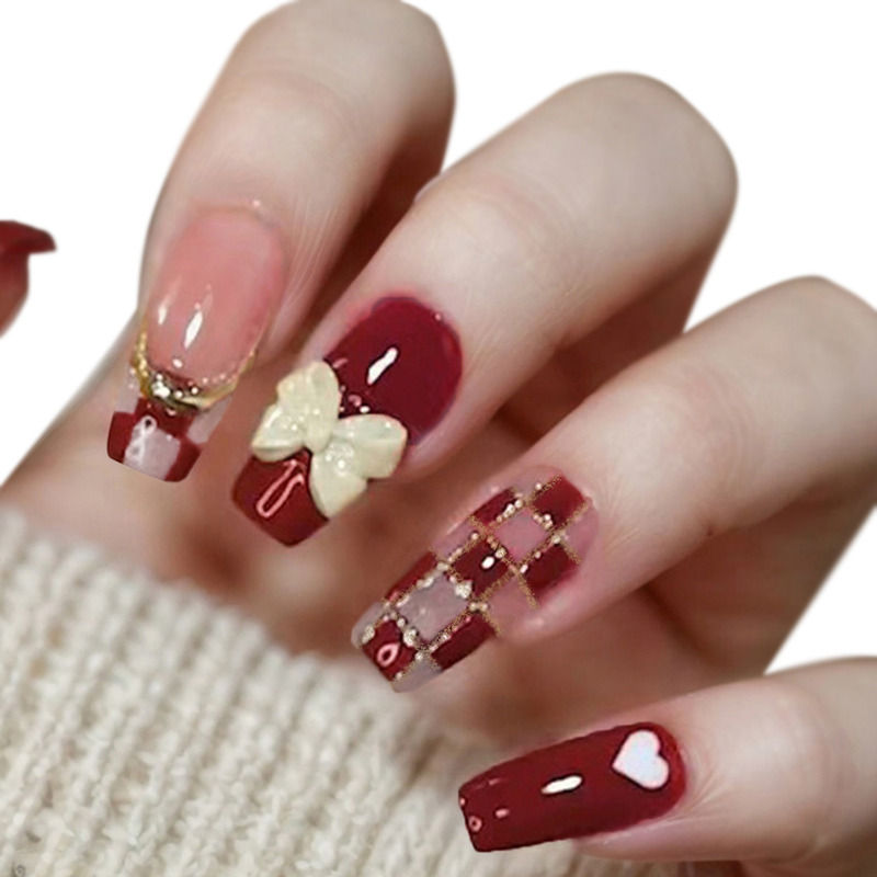 Glossy Translucent Red Color Heart & Check Design with 3D Cream Press On Nails