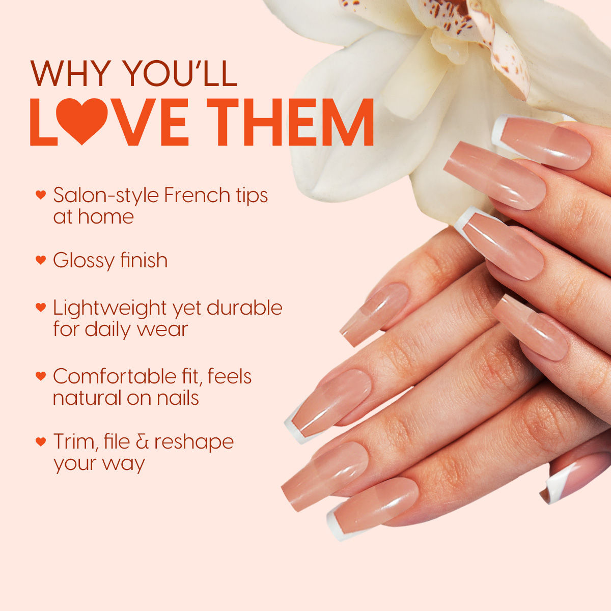 Press On Nails French Manicure Tips Reusable Artificial Stick On Fake Extensions Nude