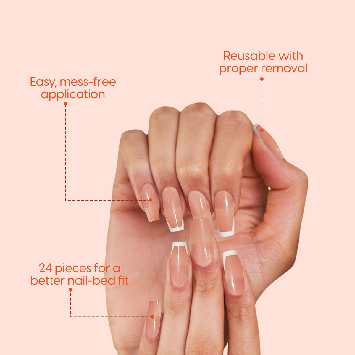 Press On Nails French Manicure Tips Reusable Artificial Stick On Fake Extensions Nude