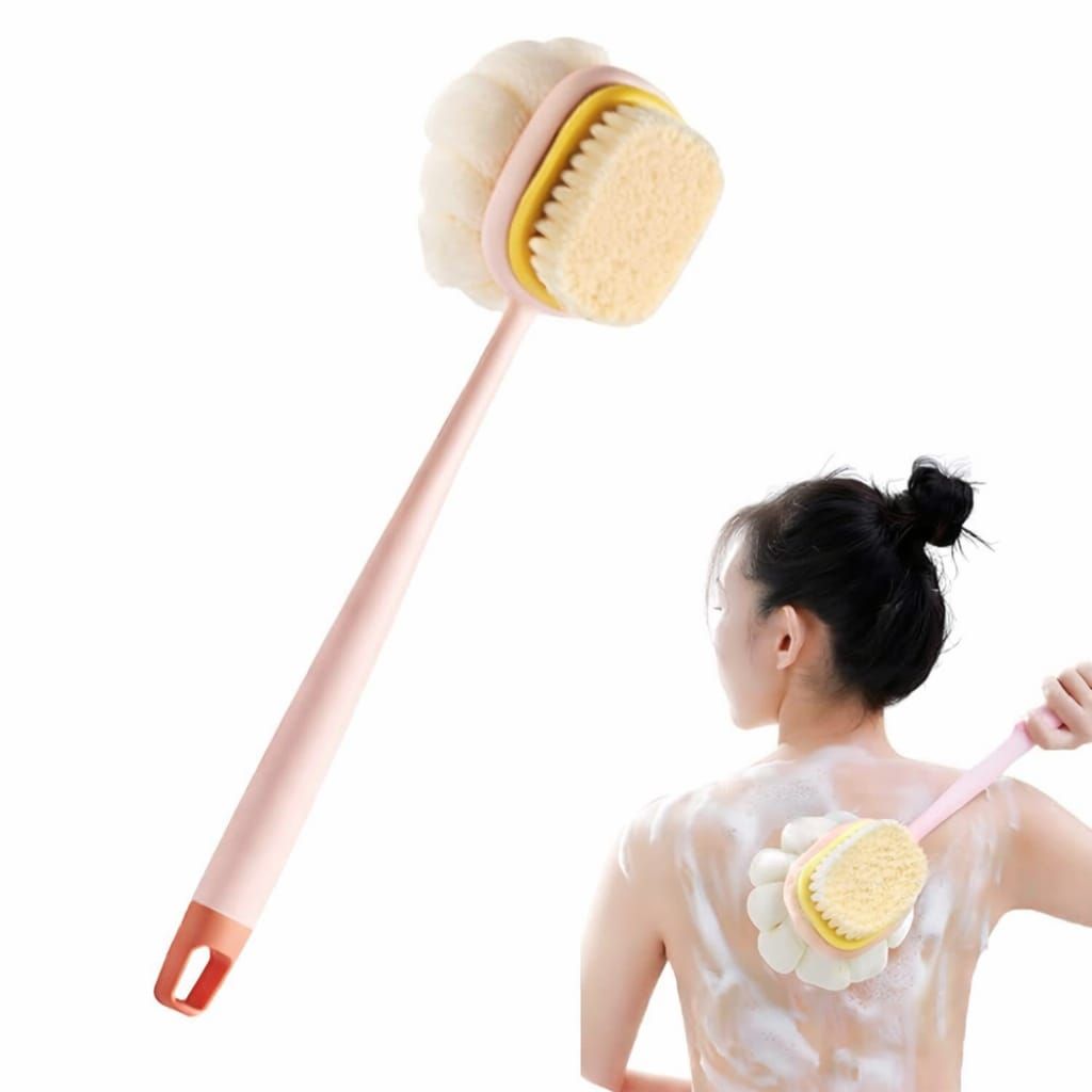 2-in-1 Premium Bath Brush with Long Handle Soft Bristles & Loofah Back Scrubber-Mix Color