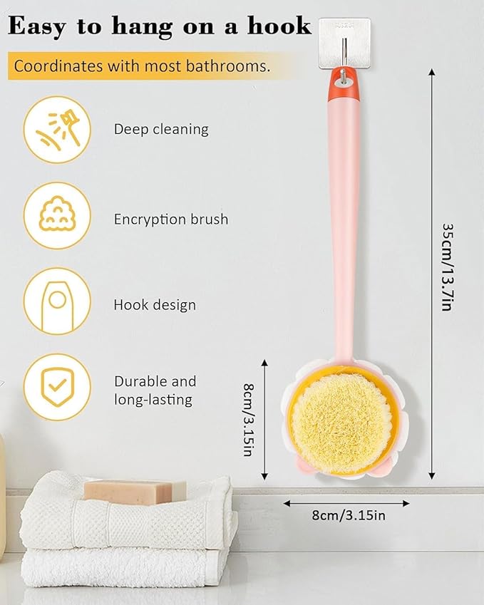 2-in-1 Premium Bath Brush with Long Handle Soft Bristles & Loofah Back Scrubber-Mix Color