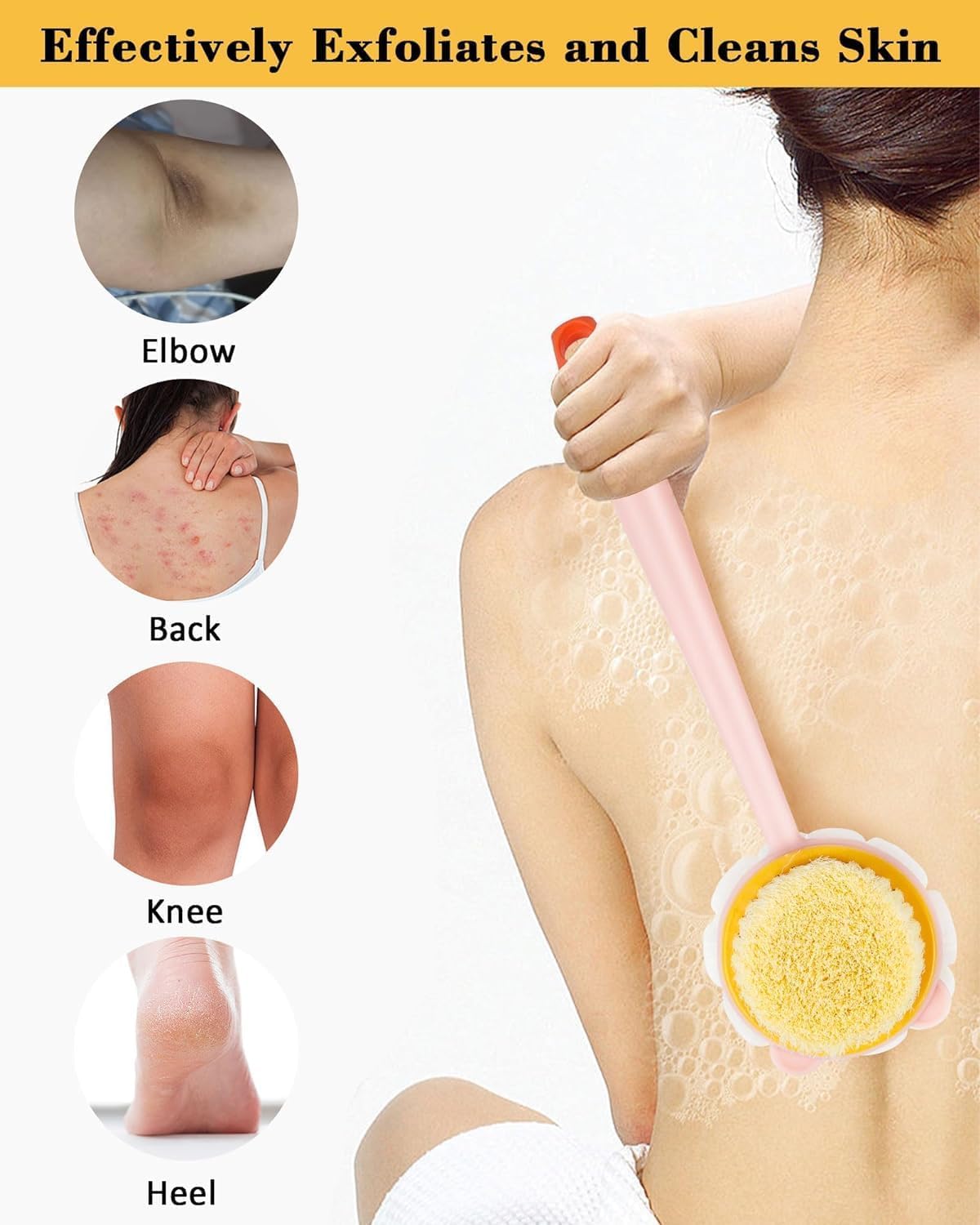 2-in-1 Premium Bath Brush with Long Handle Soft Bristles & Loofah Back Scrubber-Mix Color