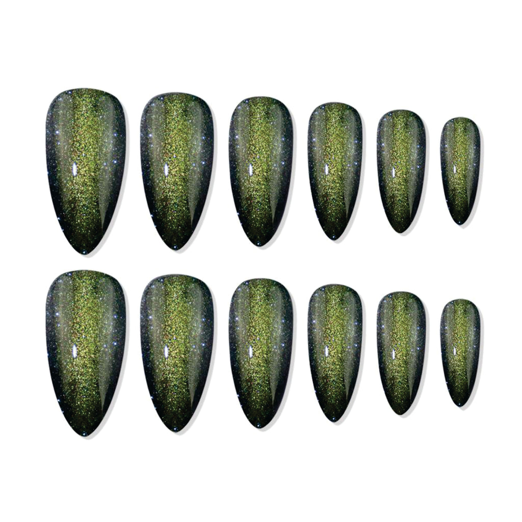Reusable Long Almond Press On Nails - green