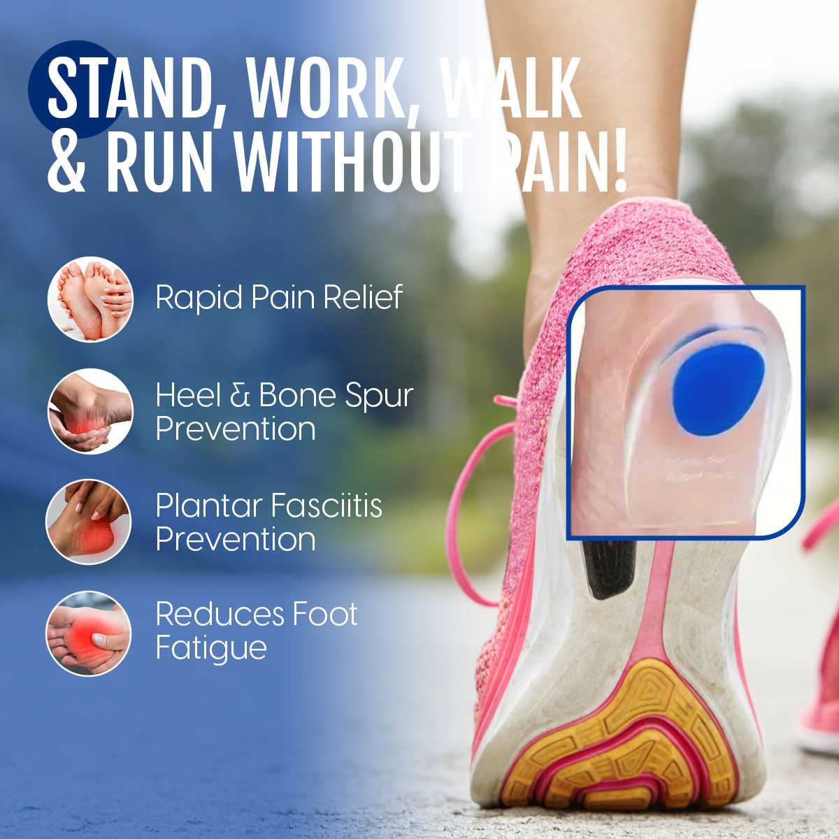 Silicone Gel Heel Pads Cushion Cup Insoles for Pain Relief, Heel Support, Shoe Inserts (1 Pair)