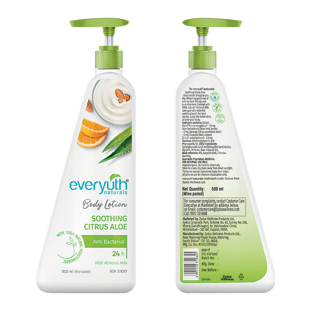 Body Lotion - Soothing Citrus Aloe with Almond Milk, Anti-Bacterial, Non Sticky