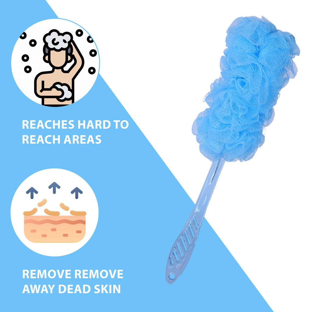 Bath Brush with Long Handle & Soft Nylon Mesh - Blue