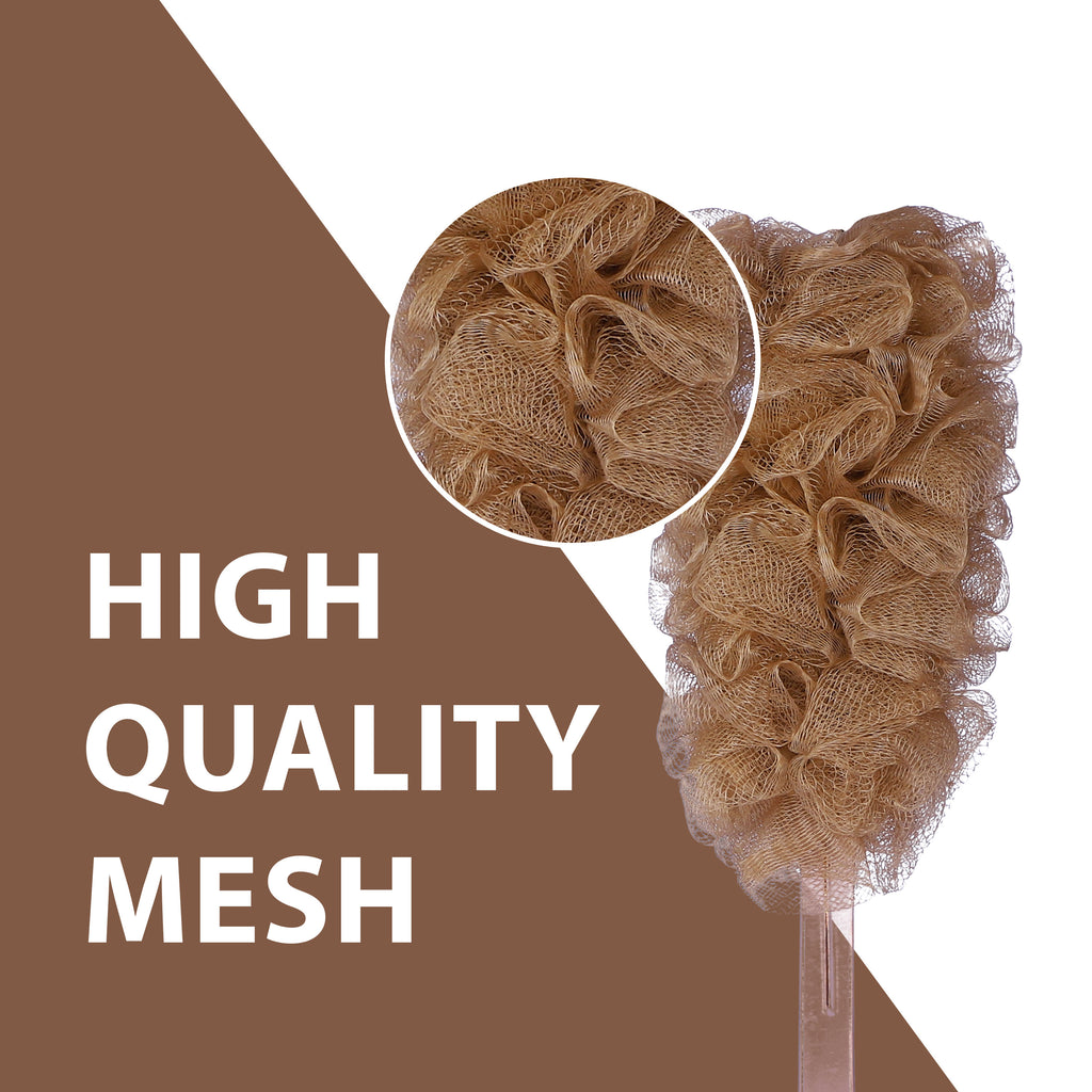 Bath Brush with Long Handle & Soft Nylon Mesh - Brown