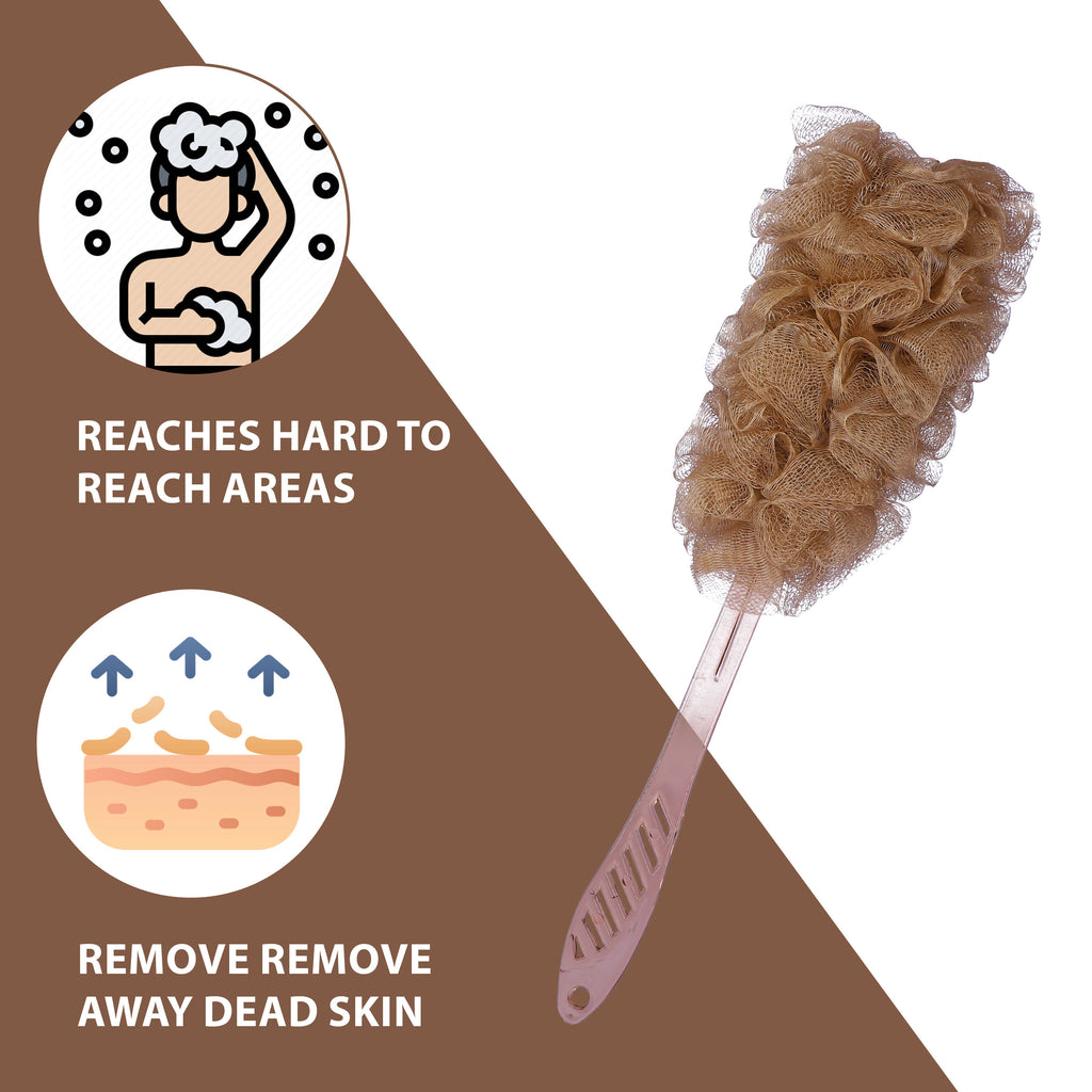 Bath Brush with Long Handle & Soft Nylon Mesh - Brown