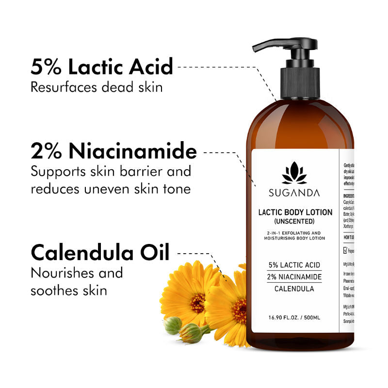 Lactic Body Lotion with 5% LA, Improves Skin Texture + Reduce Strawberry Legs (Unscented)