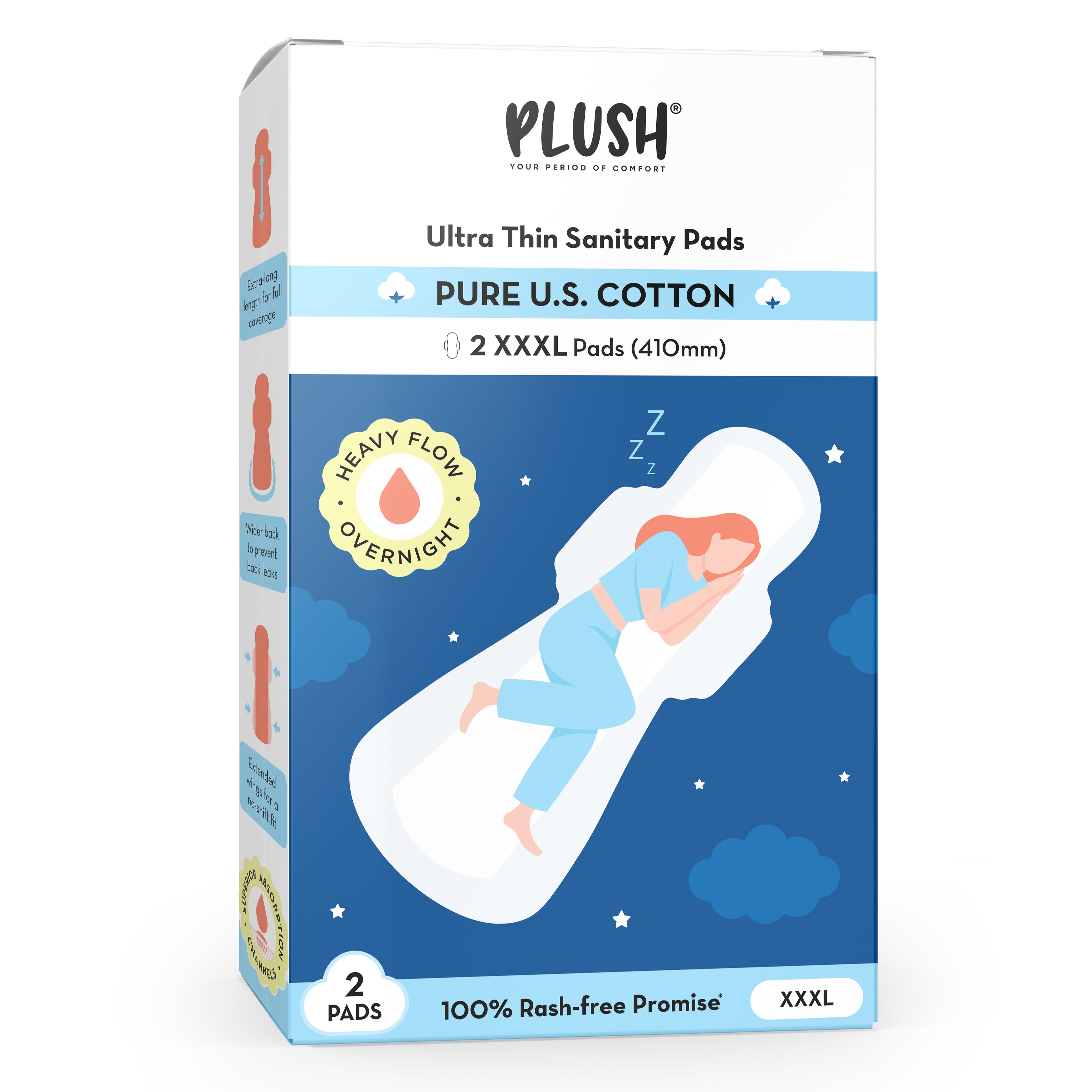 100% US Cotton 2XXXL 410mm Heavy Flow Overnight Leakproof Sanitary Pads