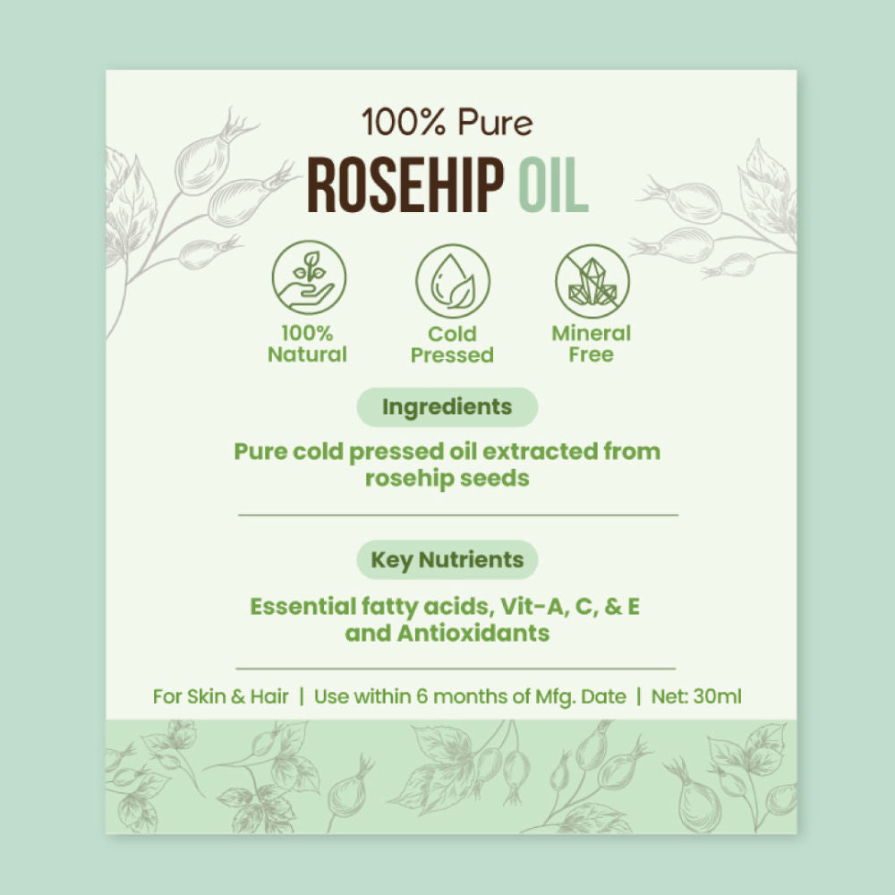 100% Pure Rosehip Seed Oil For Face Aging Skin, Minimises Wrinkles And Fades Acne Scars