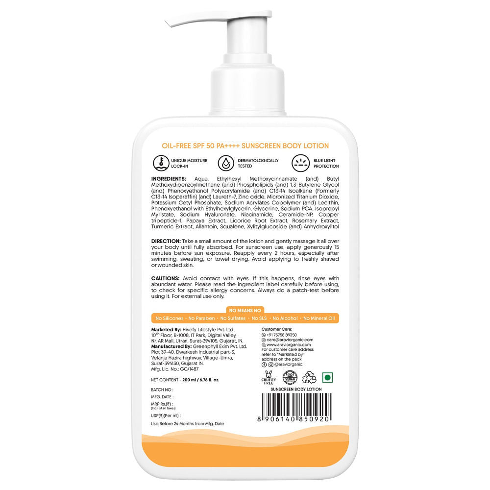 Oil-Free Sunscreen Body Lotion SPF 50 PA++++, For Oily & Dry Skin, In-Vivo Tested